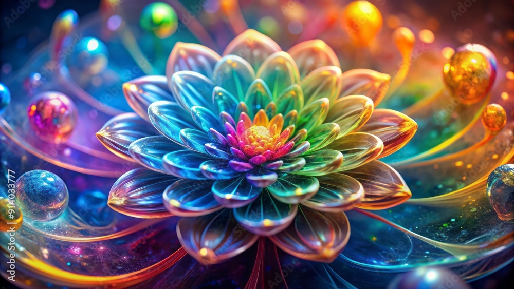 Intricately designed rainbow flower, crafted from a jelly-like substance, showcases delicate beauty with perfect lighting accentuating every detail in an abstract fractal background. Intricately designed rainbow flower, crafted from a jelly-like substance, showcases delicate beauty with perfect lighting accentuating every detail in an abstract fractal background.