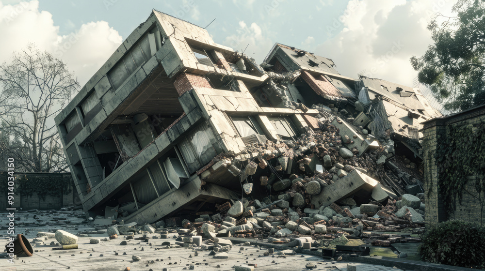 Collapsed Building: A stark image of a collapsed building, its structure reduced to rubble after a devastating earthquake or natural disaster. Collapsed Building: A stark image of a collapsed building, its structure reduced to rubble after a devastating earthquake or natural disaster.