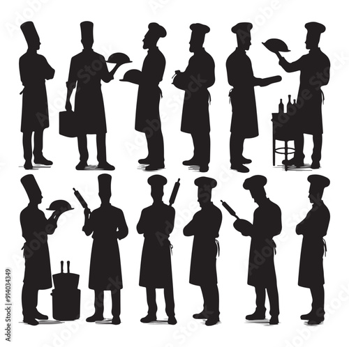 Set of Baker with Rolling Pin Black silhouette vector 