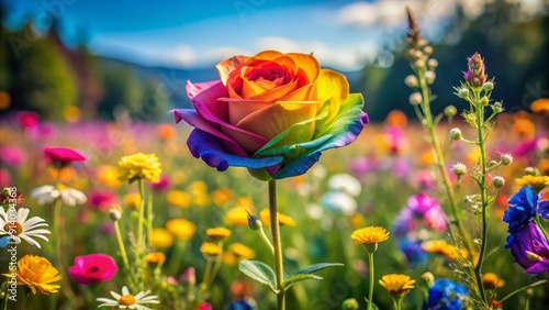 Vibrant rainbow rose stands tall amidst a kaleidoscope of colorful wildflowers in a lush, sun-drenched meadow, symbolizing diversity, hope, and unity. photo