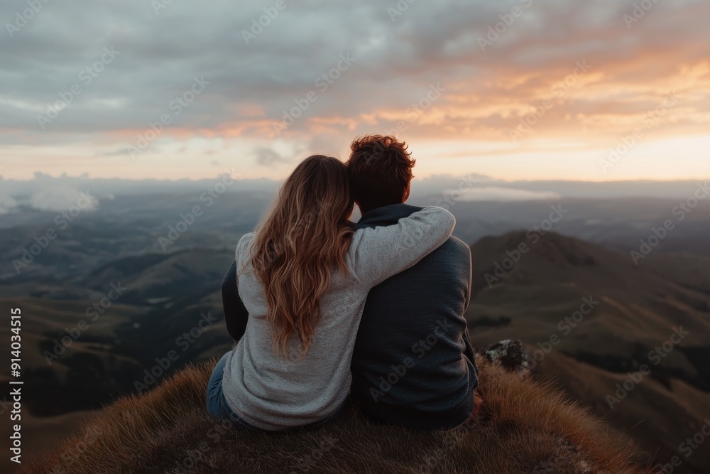 A couple enjoys the sunset while seated on a hilltop, surrounded by scenic landscapes, capturing a moment of affection and reflection in the wilderness. A couple enjoys the sunset while seated on a hilltop, surrounded by scenic landscapes, capturing a moment of affection and reflection in the wilderness.