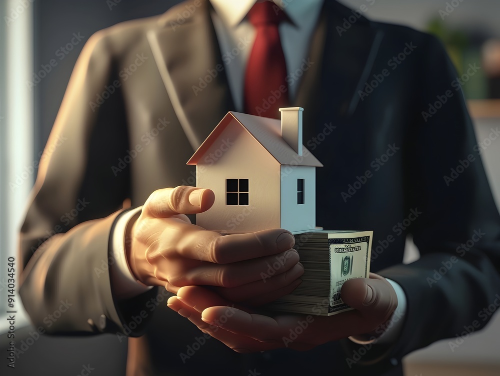 Businessman Carefully Investing and Saving Money Holding House Model and Dollar Banknotes Conveying Future Asset Building Businessman Carefully Investing and Saving Money Holding House Model and Dollar Banknotes Conveying Future Asset Building
