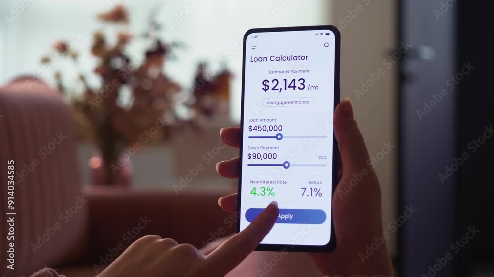 A loan application for mortgage refinancing gets approved. Buying house online. Fictional Interface.