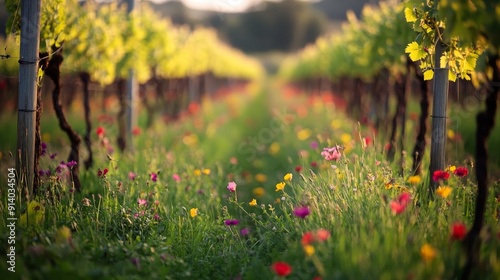 An organic vineyard in Velke Bilovice, Moravia, Czech Republic has stunning blooms - A background in agriculture and countryside preservation photo