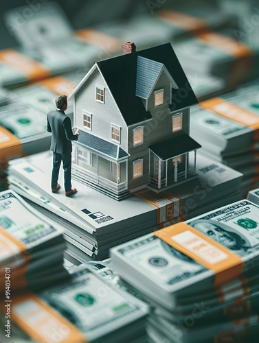 Businessman Examining House Model Amidst Stacks of Dollar Bills for Homeownership Investment