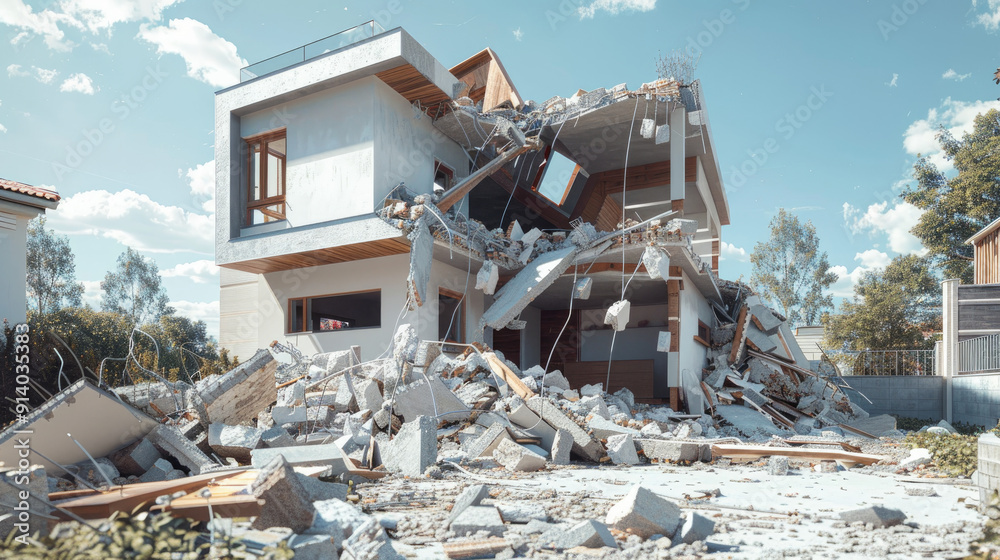 Demolished modern house: The image captures the aftermath of a catastrophic event, a modern house now reduced to rubble under the vast blue sky. A powerful image of destruction, loss. Demolished modern house: The image captures the aftermath of a catastrophic event, a modern house now reduced to rubble under the vast blue sky. A powerful image of destruction, loss.