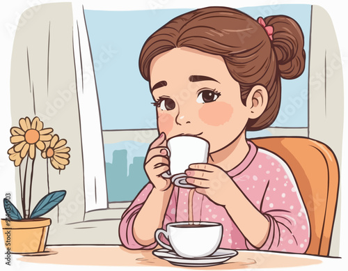 Doodle little girl drinking a hot drink during illness. Cartoon kid clipart