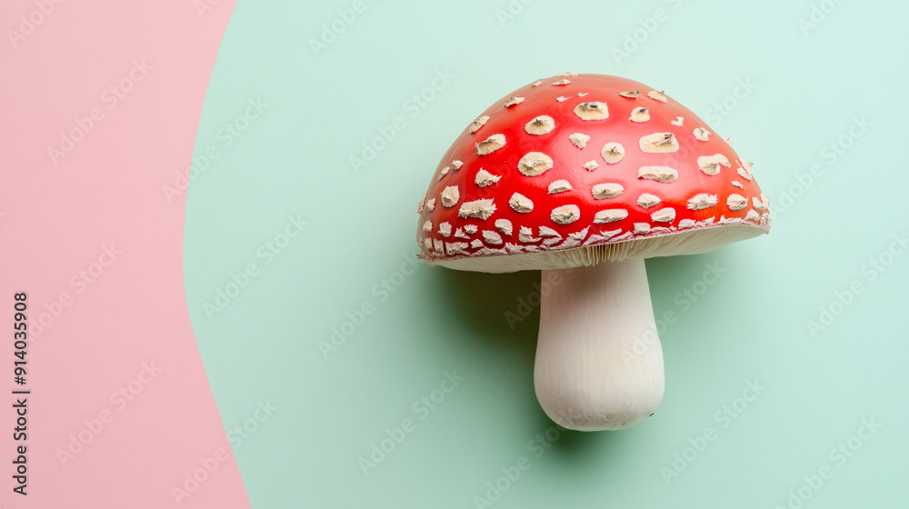 A single mushroom on a pink and light green background, perfect for nature or food-related design projects.