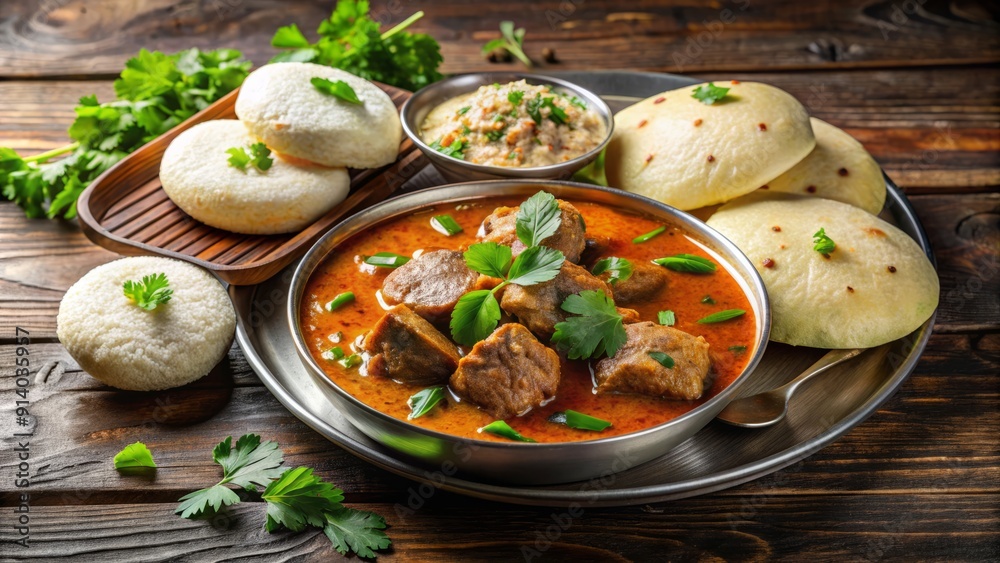 Steaming hot idlis served with a sumptuous mix of goat and beef meat curry, garnished with fresh cilantro and lime wedges on a rustic wooden table. Steaming hot idlis served with a sumptuous mix of goat and beef meat curry, garnished with fresh cilantro and lime wedges on a rustic wooden table.