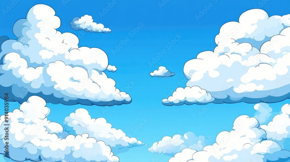 Cartoon-style white clouds against a bright blue sky, creating a cheerful and whimsical scene. Cartoon-style white clouds against a bright blue sky, creating a cheerful and whimsical scene.