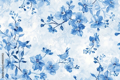 Wallpaper Mural a watercolor painting of blue flowers and leaves. Torontodigital.ca