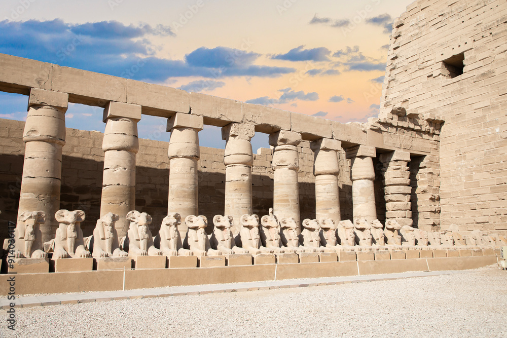 Beautiful view of ram sculptures in ancient Karnak Temple in Luxor, Egypt