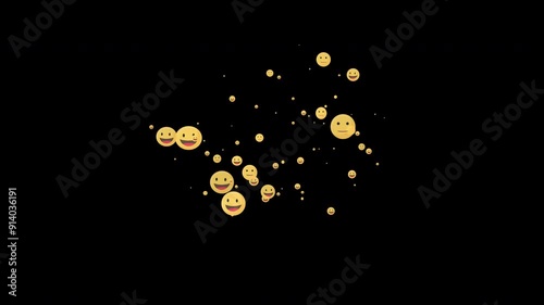 An animation of a smiling emoji from social media exploding, isolated on a black background.


