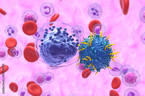 CAR T cell therapy in Acute myeloid leukaemia (AML) - closeup view 3d illustration photo
