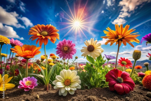 Vibrant colorful flowers of varying shapes and sizes burst forth from the earth, petals unfolding towards the sun in a joyful botanical celebration. photo