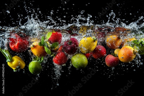 Many fruits and vegetables falling into water against black background with generative ai
