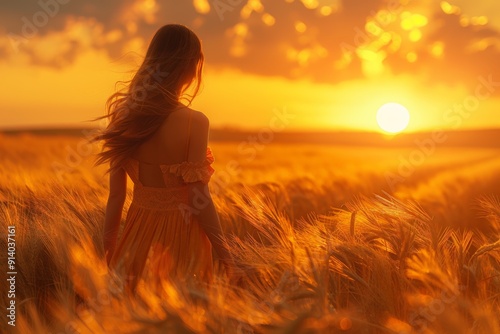 Woman in a red dress and straw hat standing in a golden wheat field at sunset.