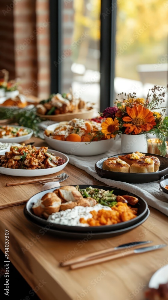 Obraz premium Harvest table, vibrant colors, delicious dishes, cozy setting, inviting