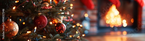 Close-up of Christmas tree with red ornament and bokeh lights.