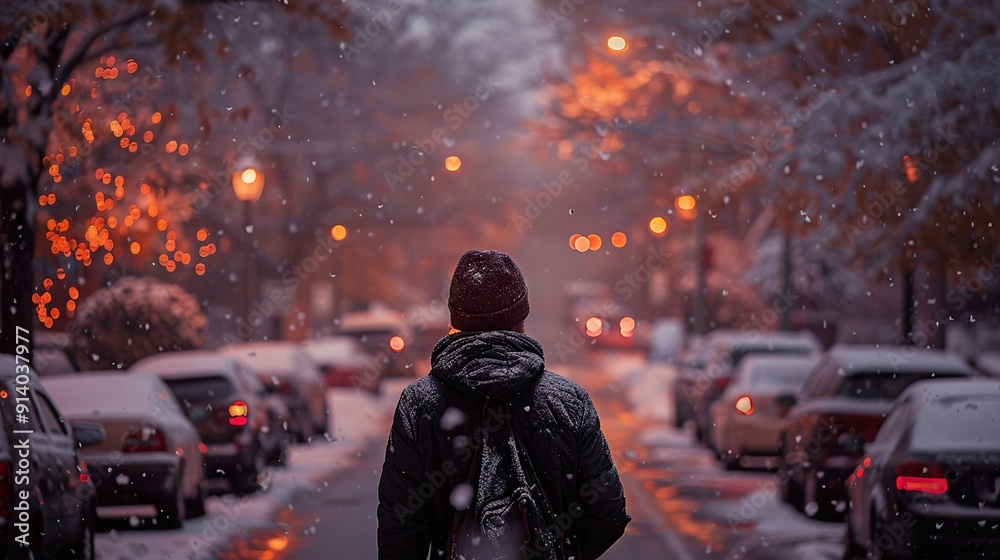 A man walks on a snowy street A man walks on a snowy street