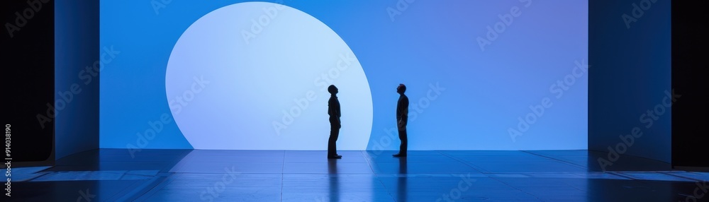 Two Silhouettes Facing a Blue and White Circular Wall. Two Silhouettes Facing a Blue and White Circular Wall.