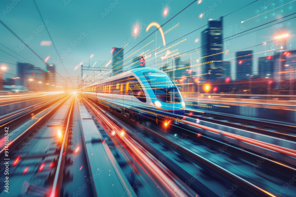 Fototapeta premium High speed train traveling through futuristic city with augmented reality data. Concept of smart transportation with digital railway