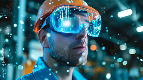 A futuristic individual using augmented reality glasses while working in a high-tech environment.