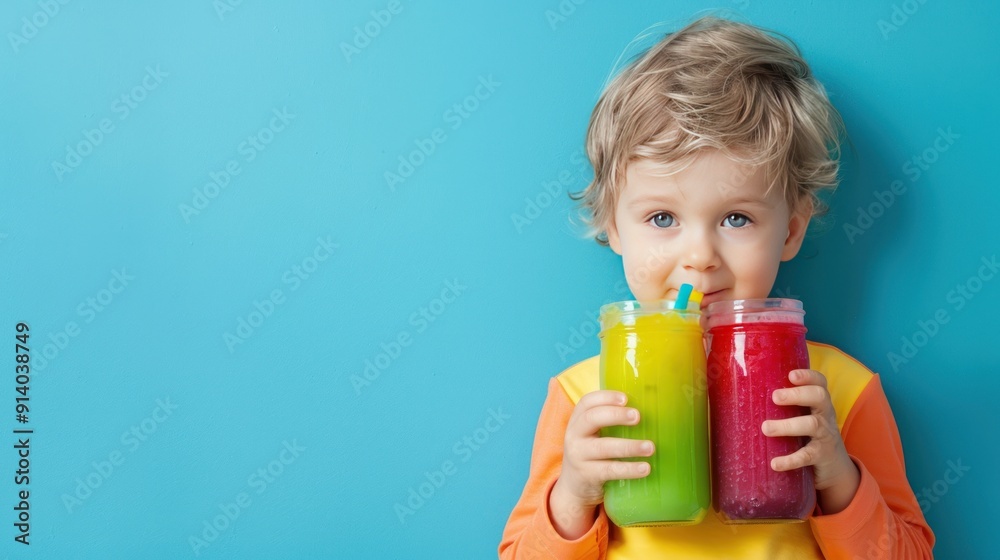 Happy little boy holding two colorful smoothies. Happy little boy holding two colorful smoothies.