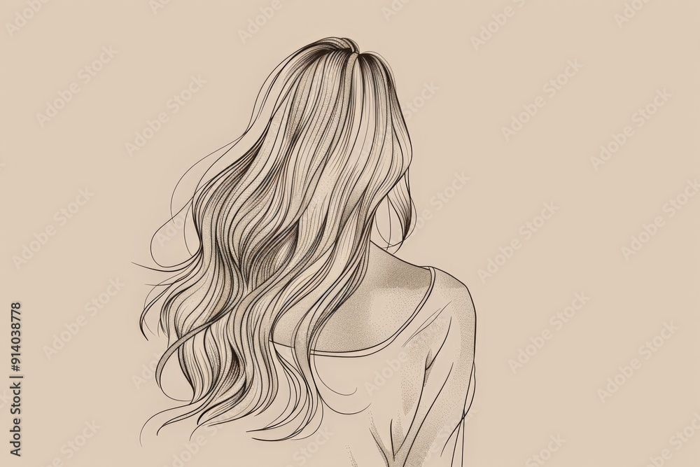 Elegant line drawing of a woman with long flowing hair seen from the back on a beige background.