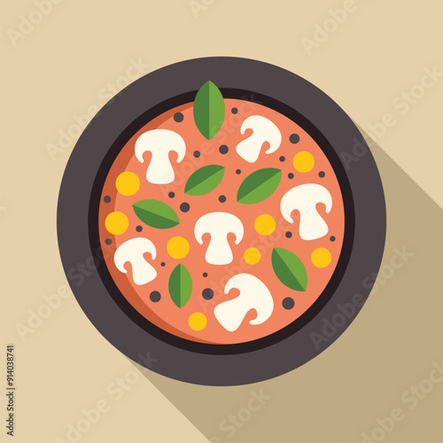 Delicious soup dish is being prepared with fresh mushrooms, herbs, and spices in a flat design style