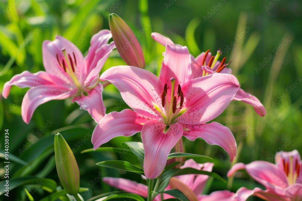 Pink lilies in full bloom within a verdant green meadow, showcasing the splendor of nature in spring Pink lilies in full bloom within a verdant green meadow, showcasing the splendor of nature in spring