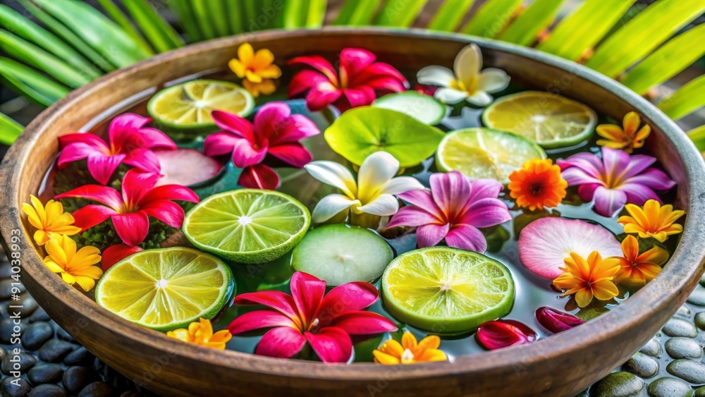 Vibrant tropical flowers and a fresh lime slice surround a serene water-filled bowl, evoking a sense of relaxation and rejuvenation in a calming spa atmosphere. Vibrant tropical flowers and a fresh lime slice surround a serene water-filled bowl, evoking a sense of relaxation and rejuvenation in a calming spa atmosphere.