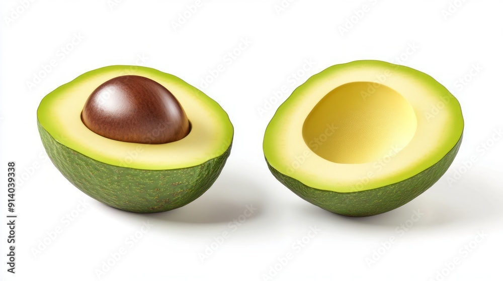 Realistic 3D Avocado Cut in Half - Green and Brown - Isometric View Realistic 3D Avocado Cut in Half - Green and Brown - Isometric View