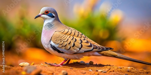 Vibrant close-up of a Namaqua dove's intricate plumage and gentle gaze, perched on dry earth, emphasizing its subtle beauty in a natural environment. photo