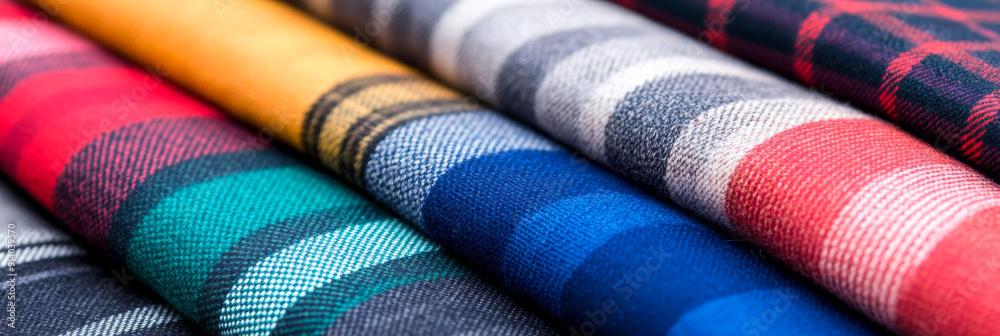 Colorful rolls of plaid fabric symbolize warmth and tradition, ideal for winter apparel and Christmas crafts Colorful rolls of plaid fabric symbolize warmth and tradition, ideal for winter apparel and Christmas crafts