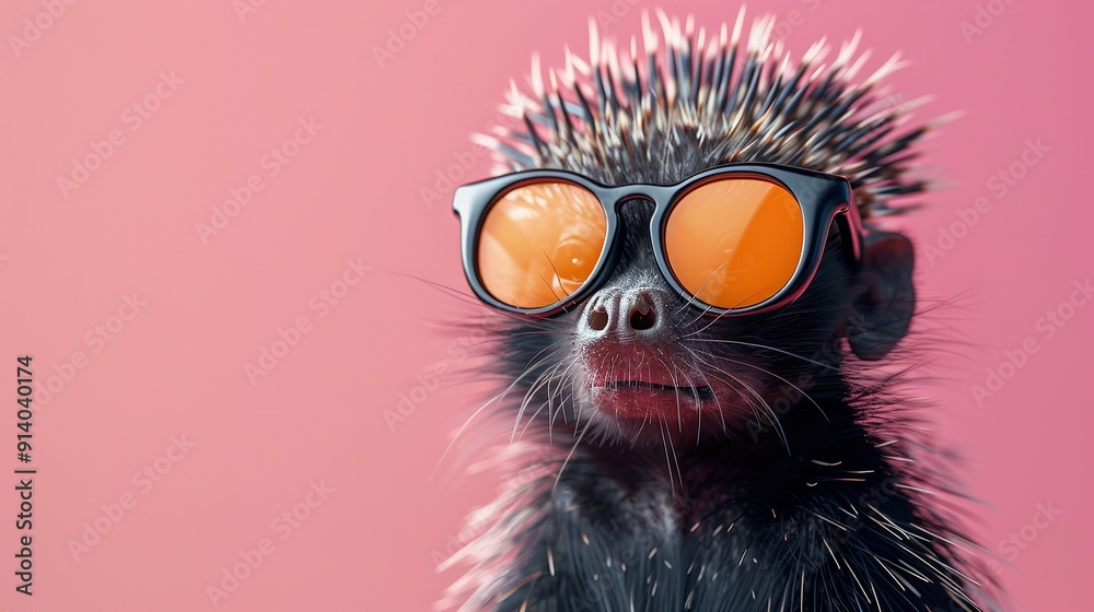 Funny hedgehog wearing sunglasses in studio with a colorful and bright background. Generative AI Funny hedgehog wearing sunglasses in studio with a colorful and bright background. Generative AI