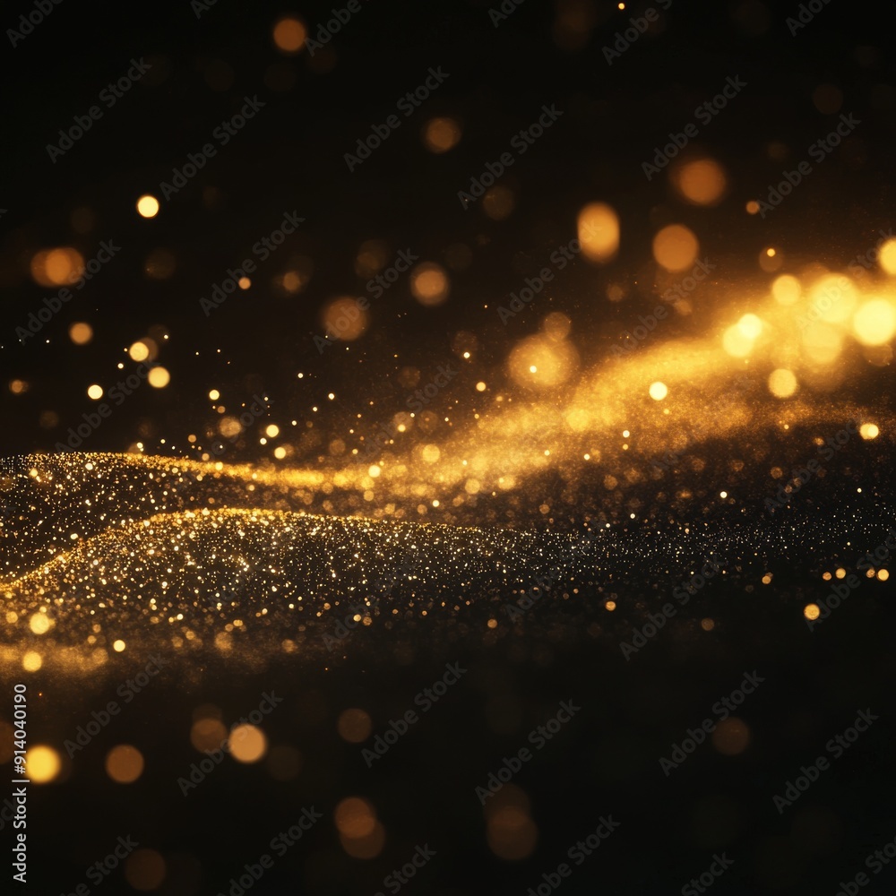 Obraz premium Gold sparkles in a viscous fluid have the effect of advection with the depth of focus and bokeh, while gold particles shimmer in the air. 3D model. Generative AI