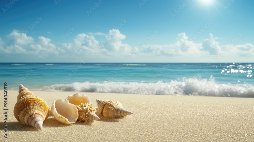 Various seashells rest on golden sand, illuminated by sunlight, with the serene ocean and bright clouds in the background