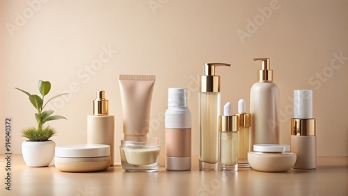 A collection of elegant, minimalistic cosmetic products arranged on a soft beige background, showcasing simplicity and sophistication of beauty essentials.