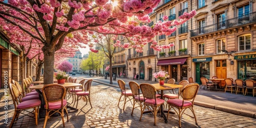 Fototapeta Naklejka Na Ścianę i Meble -  Vibrant cherry blossoms frame a charming, centuries-old Parisian cafe on a serene spring morning, with antique chairs and tables set amidst historic buildings.