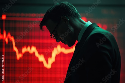 Stressed businessman with red stock market graph photo