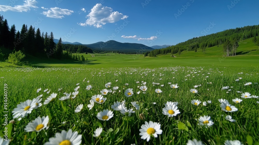 A serene landscape featuring a field of blooming daisies under a clear blue sky A serene landscape featuring a field of blooming daisies under a clear blue sky