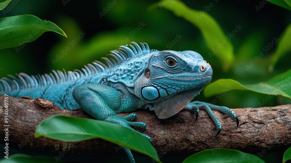 Obraz premium Vibrant Blue Iguana Resting on a Tree Branch Surrounded by Lush Green Foliage in a Tropical Forest Setting