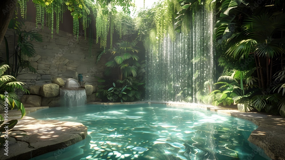 Hidden Tropical Jungle Waterfall Pool with Hanging Vines and Exotic Ambiance Hidden Tropical Jungle Waterfall Pool with Hanging Vines and Exotic Ambiance