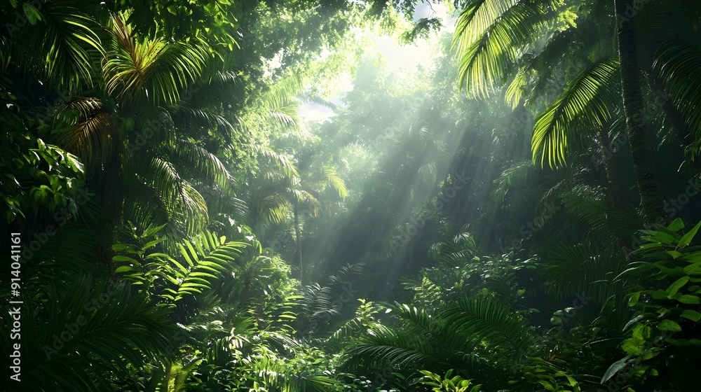 Lush Green Tropical Rainforest with Sunbeams Shining Through Canopy Lush Green Tropical Rainforest with Sunbeams Shining Through Canopy