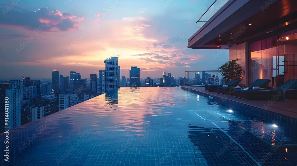 Obraz premium Elegant Rooftop Pool at Luxury Hotel with Panoramic City Skyline View at Sunset