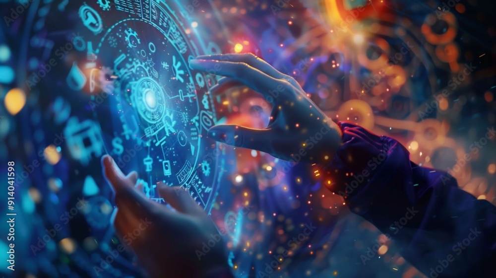 Fototapeta premium Two hands manipulating a futuristic holographic interface with digital data, suggesting advanced technology and innovation