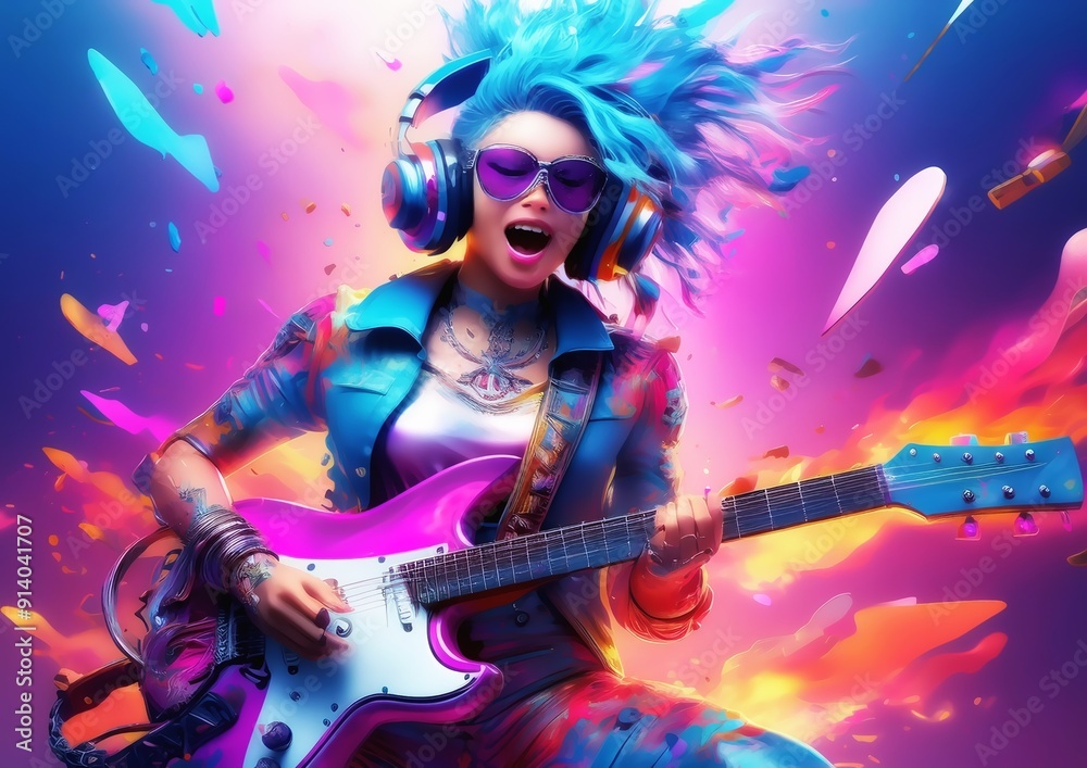 Wild and graceful woman rock guitarist in music concept	