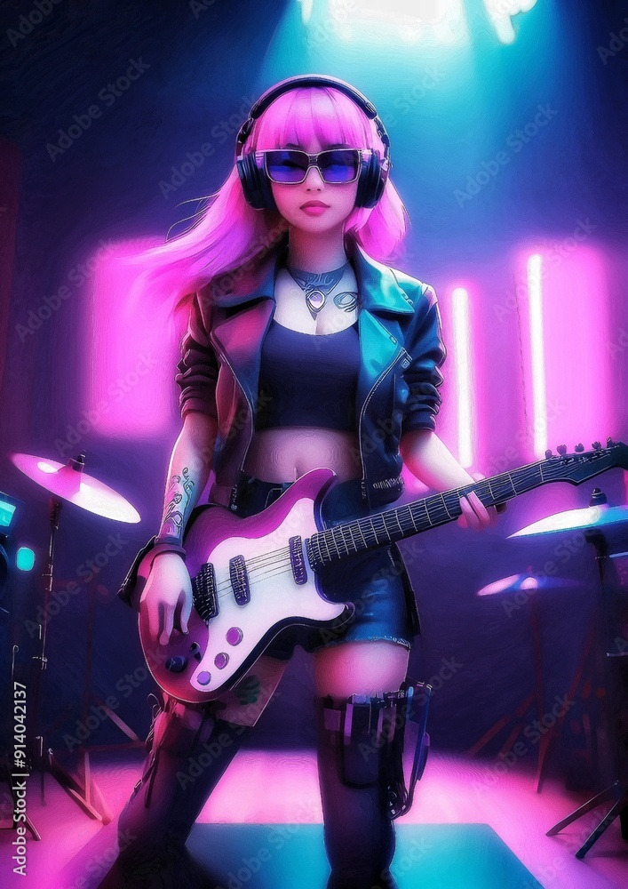 Wild and graceful woman rock guitarist in music concept	