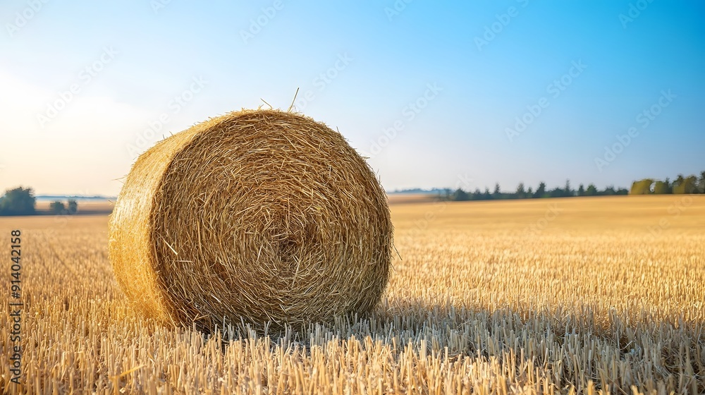 Golden hay bale, round straw roll, harvested wheat field, clear blue sky, cloudless summer day, vibrant countryside, rural landscape, panoramic view, sun-drenched farmland. Golden hay bale, round straw roll, harvested wheat field, clear blue sky, cloudless summer day, vibrant countryside, rural landscape, panoramic view, sun-drenched farmland.